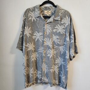 Jamaica Jaxx‎ Gray 100% Silk Palm Tree Print Button Up Shirt Men's XL